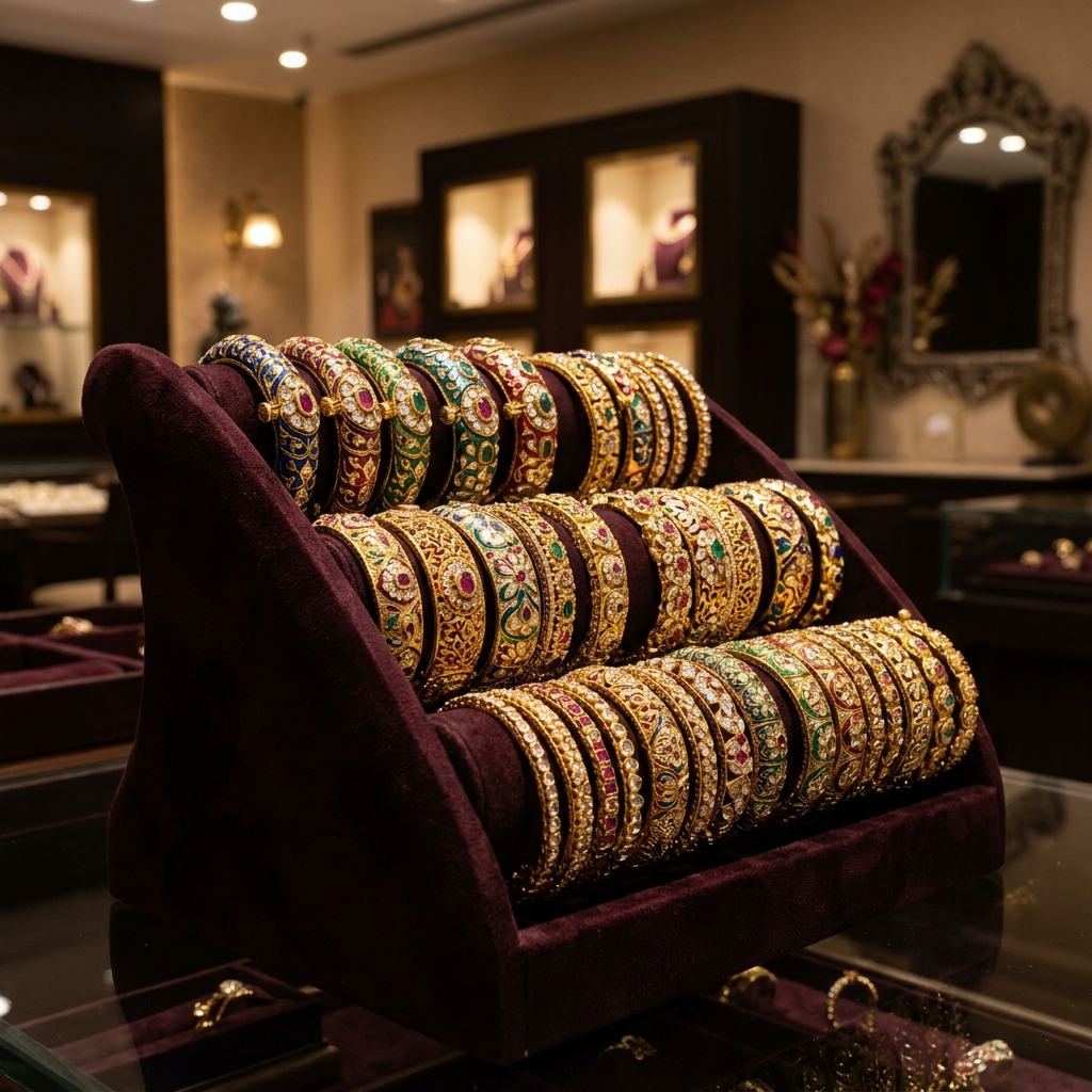 Beautiful collection of traditional 22K Indian gold bangles and kadas featuring meenakari enamel work