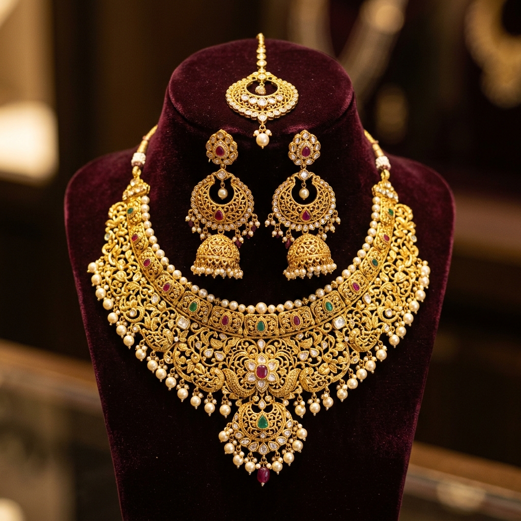 Stunning heavy traditional Indian 22K gold bridal jewellery set